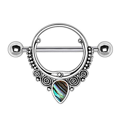 Pierced Owl Stainless Steel Abalone Teardrop Ornate Nipple Shields, Sold as Pair