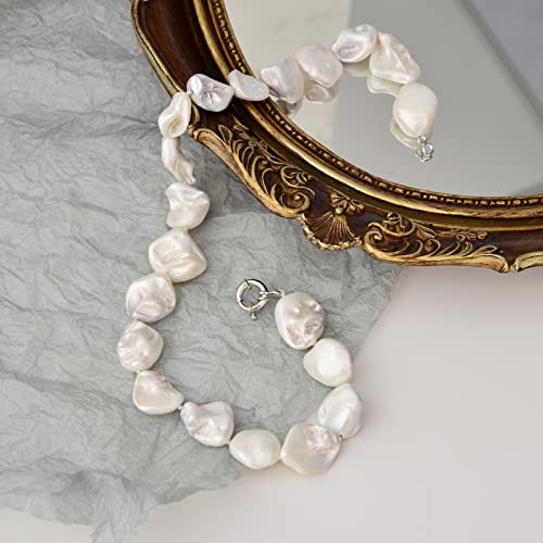 Pearl Choker Necklace for Women Boho Beaded Statement Necklace with Black White Large Freshwater Pearls Silver Fashion Jewelry Gift - color: White