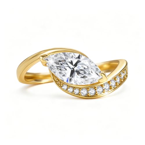 JSJOY Promise Rings for Her, Wavy Marquise Cut Engagement Ring 14K Gold Anniversary Rings with 5A CZ Dainty Solitaire Wedding Jewelry Tarnish Resistant Fashion Rings Gift for Her Sizes 5-10