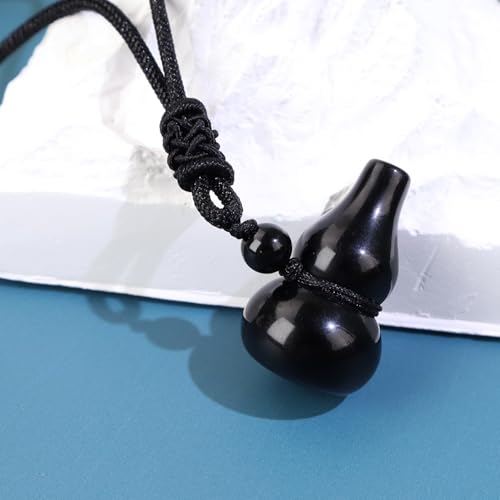 Anjiucc Natural Gemstone Gourd Hulu Wulu Pendant Necklace Healing Crystal Stone with Adjustable Chain Amulet Talisman for Good Luck - color: Black Obsidian