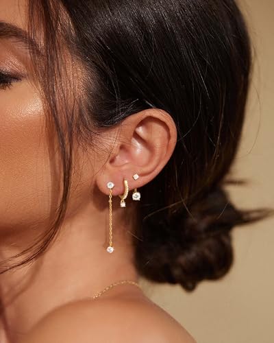 Freekiss 3 Pairs Hoop Earrings Set - Dainty Stud Dangle Cartilage for Women | Hypoallergenic Earrings, Cubic Zirconia Stackable Trendy Small Set Jewelry Gifts for Women - style: 3 CZ Long Stud-GD