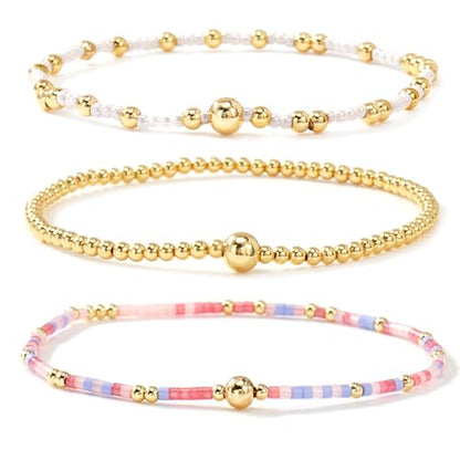 Gold Beaded Bracelet Stack for Women Colorful Small Seed Beads Bracelets Set Boho 14K Gold Plated Ball Stackable Stretch Non-Tarnish Dainty Jewelry Trendy Accessory Friendship Gift - color: pink and white