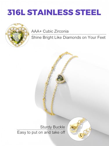 Richsteel Double Layer Heart/Butterfly Birthstone Anklet for Women | Non Tarnish Waterproof, Silver/Gold/Black Stainless Steel 8.5-10.5 Inch Adjustable Chain Anklets Summer Beach Foot Jewelry - color: Gold Heart-08 Aug.(Peridot)