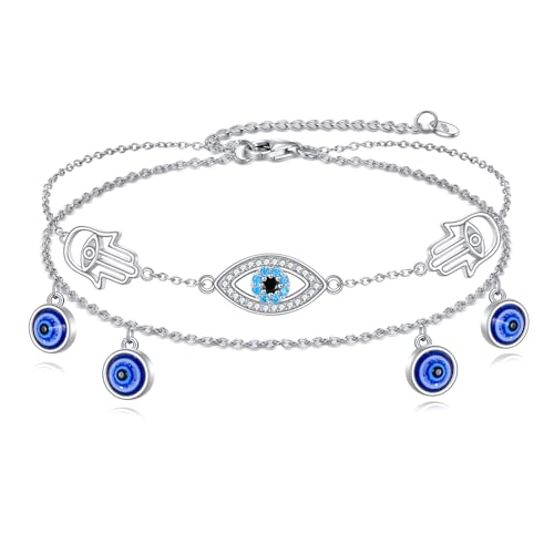 925 Sterling Silver Cat Butterfly Anklets Double Layered Chain for Birthday Women Ankle Bracelet Summer Beach Dainty Jewelry - style: Evil Eye