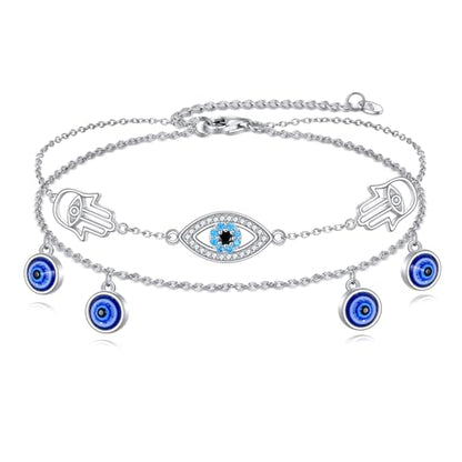 925 Sterling Silver Cat Butterfly Anklets Double Layered Chain for Birthday Women Ankle Bracelet Summer Beach Dainty Jewelry - style: Evil Eye