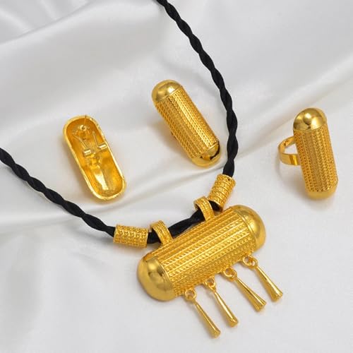 Ethiopian Traditional Jewelry | Eritrean Jewelry for Women Set | Ethiopian African Jewelry Wedding Sets Includes Cross Pendant Black Rope Earrings Ring Sets African Eritrean Religion - color: Black Rope 3