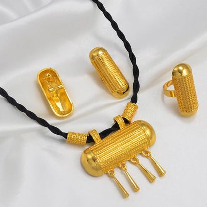 Ethiopian Traditional Jewelry | Eritrean Jewelry for Women Set | Ethiopian African Jewelry Wedding Sets Includes Cross Pendant Black Rope Earrings Ring Sets African Eritrean Religion - color: Black Rope 3