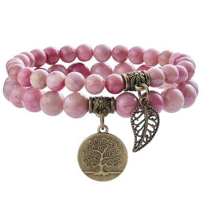 Bivei Natural Semi Precious Gemstone beads bracelet for women - Life Tree and Leaf Charm Energy Reiki Crystal Stretch Bracelets - color: Rhodochrosite Bracelet Set, size: Medium:6.8-7.24inch