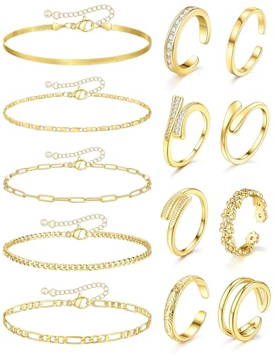 13 Pcs Toe Rings and Ankle Bracelets for Women Non Tarnish - Toe Rings Silver Gold Plated Adjustable Open Tail Toe Ring - Beach Foot Jewelry for Summer