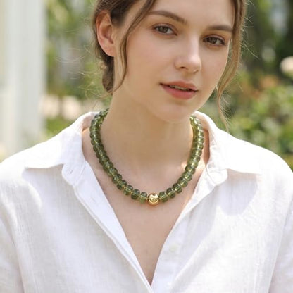 Badu Colorful Chunky Beaded Choker Necklace, Acrylic Colorful Bead Statement Necklaces, Adjustable Summer Beach Jewelry Gift for Women - color: Olive Green