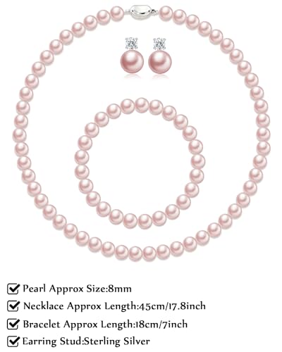Pearl Necklaces for Women,8mm Pearl Necklace and Earring Bracelet Jewelry Set for Women Men Wedding Birthday Valentine Christmas Day Gifts - color: Pink