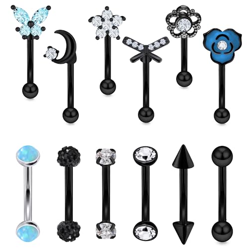 Rook Daith Piercing Jewelry 16G Stainless Surgical Steel Curved Barbell Eyebrow Rings Vertical Labret Lip Piercing Jewelry Rook Daith Earrings for Women Men 6MM 8MM 10MM Hypoallergenic - color: Black Tone