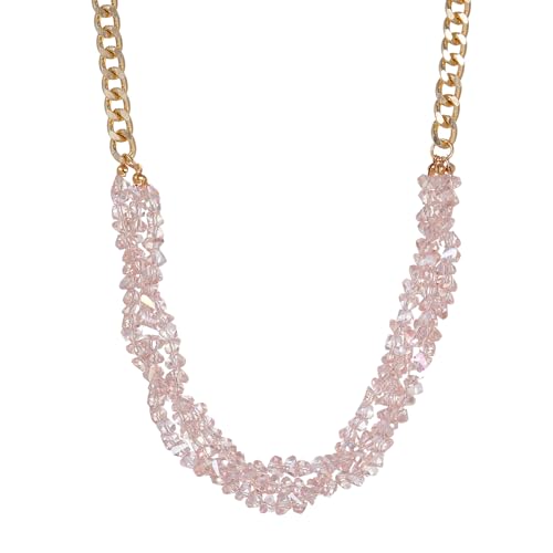 Crystal Statement Necklace with Gold Chain, Black and Clear Crystal Clusters, Chunky Curb Link Design, Fashion Jewelry for Women - color: Pink