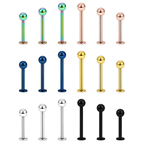 20G 18G 16G 14G 12G Lip Labret Medusa Monroe Rings Studs 316L Surgical Steel Flat Back Tragus Helix Cartilage Earring Stud Piercing Jewelry Bar Length 8mm 10mm 12mm Mix Color 18PCS - color: Mix Color, size: 16G(1.2mm)-8/10/12mm Bars-3mm Balls