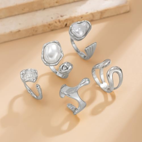 Chunky Gold Rings for Women Gold Baroque Pearl Rings Open Adjustable Pearl Ring Stacking Knuckles Rings Set Boho Prom Costume Fashion Jewelry for Women 2026 - style: Style4