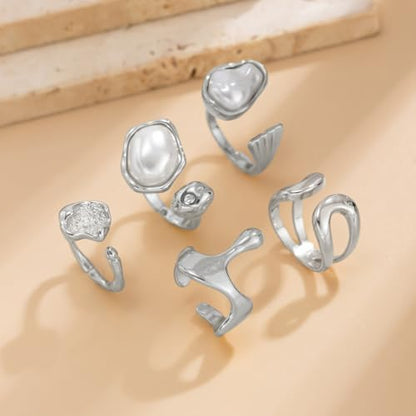 Chunky Gold Rings for Women Gold Baroque Pearl Rings Open Adjustable Pearl Ring Stacking Knuckles Rings Set Boho Prom Costume Fashion Jewelry for Women 2026 - style: Style4