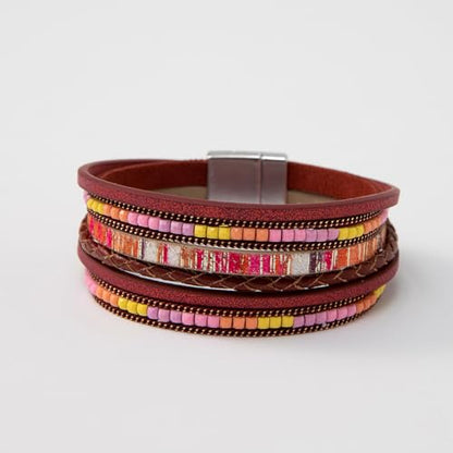 Women's Multi Layer Leather Wrap Bracelet String Bracelets for Women, Boho Braid Multi-Layer Crystal Beads Cuff Women Bracelet Jewelry - color: Red