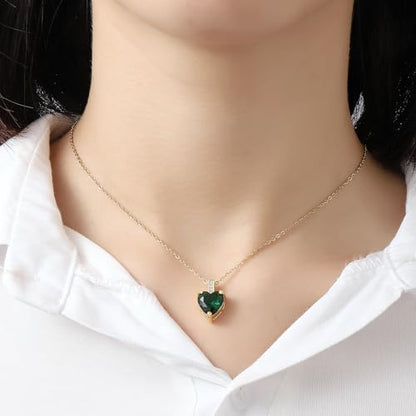 Heart Birthstone Necklace for Women, 14K Gold Plated Birthstone Pendant Necklace Cubic Zirconia Diamond Necklace Dainty Gold Necklace Birthday Gifts for Women Girls - color: 05. May(Emerald)