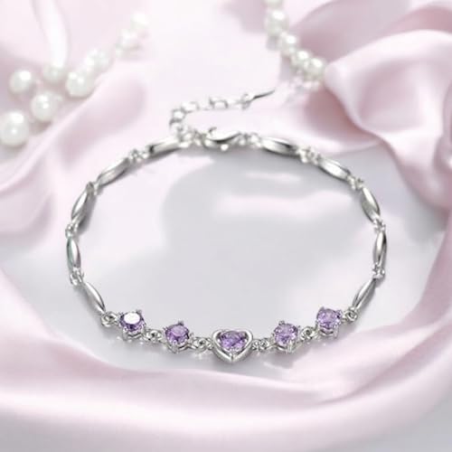 Nilu's Collection Women's Copper Sterling Silver Heart Shape Stone Charm Bracelet - color: Purple & Silver