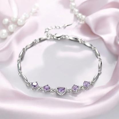 Nilu's Collection Women's Copper Sterling Silver Heart Shape Stone Charm Bracelet - color: Purple & Silver