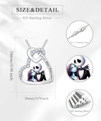Jack and Sally Necklace 925 Sterling Silver Nightmare Pendant Necklace Heart Halloween Jewelry Gifts for Women
