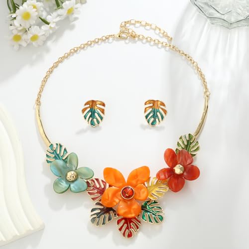 Vintage Statement Jewelry Set - Chunky Flower Floral Plant Geometric Resin Bib Necklace Earring Set Bohemian Boho Crystal Rhinestone Fashion Jewelry for Women Bridal Party Prom Unique Gift - style: MLJS2607