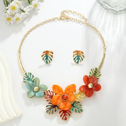 Vintage Statement Jewelry Set - Chunky Flower Floral Plant Geometric Resin Bib Necklace Earring Set Bohemian Boho Crystal Rhinestone Fashion Jewelry for Women Bridal Party Prom Unique Gift - style: MLJS2607