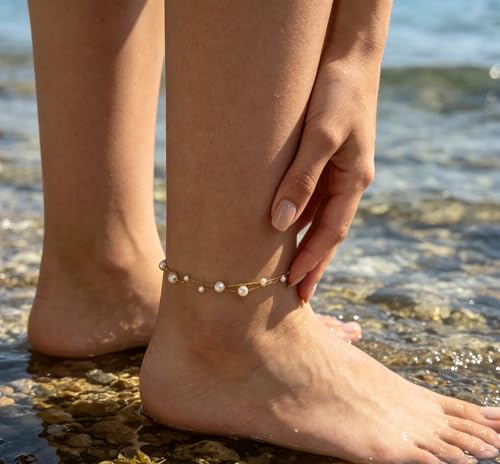 Waterproof Pearl Anklet 18K Gold Plated Stainless Steel Ankle Bracelets for Women Double Layered Pearls Chain Summer Beach Foot Jewelry 8.5+2 inches