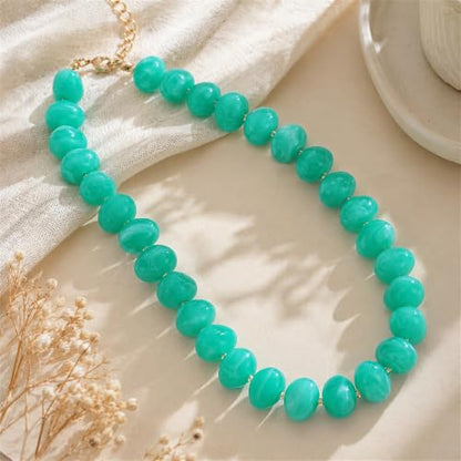 Colorful Chunky Beaded Necklaces for Women Multicolor Large Round Resin Beads Collar Necklace Boho Trendy Statement Chokers Y2K Summer Beach Jewelry - color: Aqua Teal-Oval