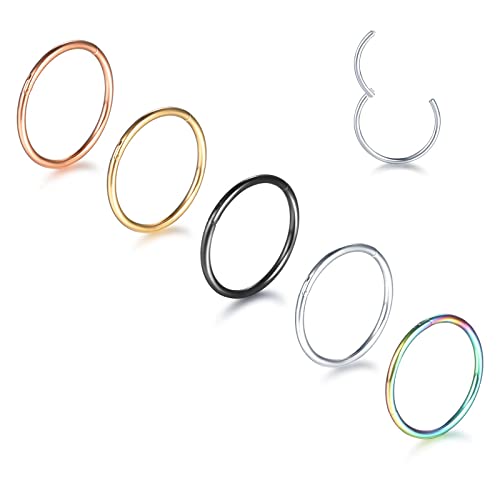 Aumeo 14G 16G 18G 20G Nose Ring Hoop Stainless Steel Hinged Segment Rings Hoops Nose Clicker Ring Tragus Helix Cartilage Daith Rook Earring Piercing Jewelry for Women Men - style: 5pcs 20g 10mm mixed colors
