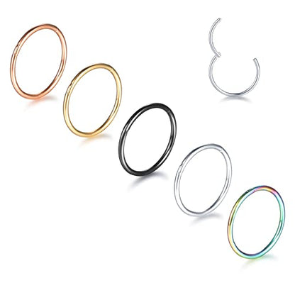 Aumeo 14G 16G 18G 20G Nose Ring Hoop Stainless Steel Hinged Segment Rings Hoops Nose Clicker Ring Tragus Helix Cartilage Daith Rook Earring Piercing Jewelry for Women Men - style: 5pcs 20g 10mm mixed colors