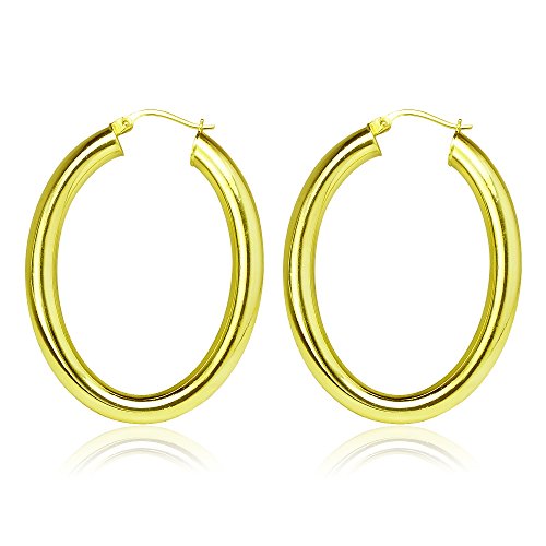 Hoops & Loops 925 Sterling Silver 4.5mm Thick Oval Diamond-Cut Hoop Earrings, 25mm 30mm, Silver, Yellow Gold, Rose Gold & Black - color: Yellow Gold 30mm-1.2''