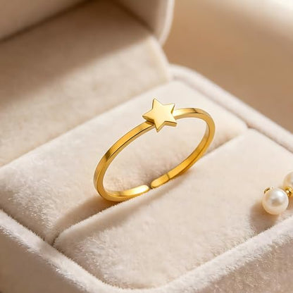 Sun and Moon Rings Stainless Steel Crescent Sun Rings for Women Gold Open Ring Middle Index Finger Jewelry Gift - color: E-Gold Star