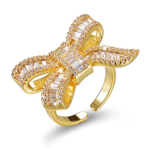 Sparkly Rhinestone Bow Rings for Women Adjustable Cocktail Statement Finge Ring Pave Crystal Bow Open Ring Promise Engagement Wedding Party Jewelry - style: Gold
