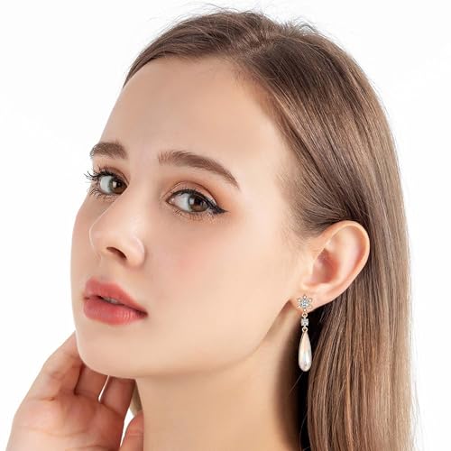 Austrian Crystal Teardrop Earrings Flower Dangle Earrings for Women 14K Gold Plated Drop Stud Earrings Hypoallergenic Jewelry - color: Aurora Borealis