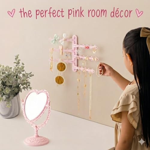 6-Tier Hanging Wall Jewelry Organizer, Earring, Necklace, Ring Holder-Pink | Large Capacity with 120 Earring Holes, Rotating Branches, Includes 3M Command Strips, Bracelet, Ring & Necklace Storage - color: 6-Tier Pastel Pink