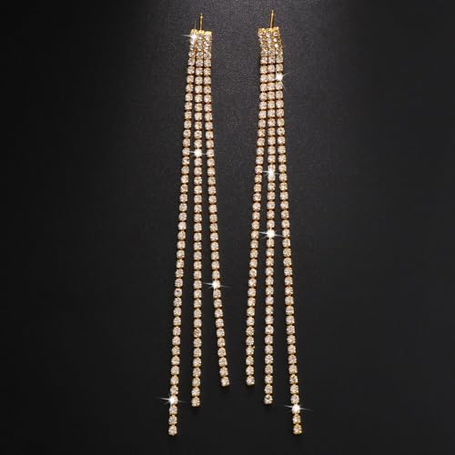 Sparkly Rhinestone Long Tassel Dangle Earrings Crystal Chandelier Dangle Drop Earrings Wedding Party Prom Earrings Jewelry for Women Gifts - color: Gold