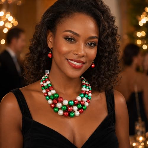 Simulated Pearl Necklace & Earring Set, Multi Strand - color: Red + Green