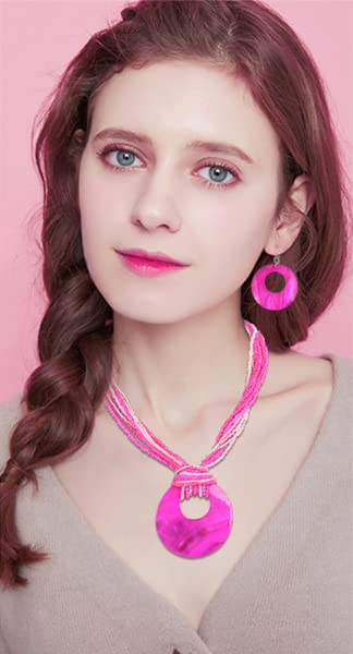 Coiris Multi Strand Statement Colorful Beaded Necklace with Big Circle Shell Pendant for Women - color: Rose