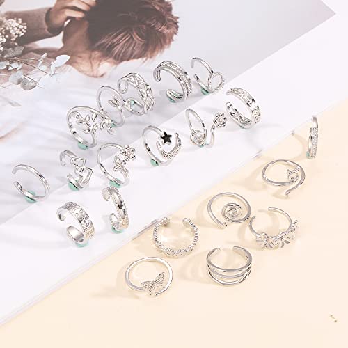 Staligue 20pcs Adjustable Toe Rings Set for Women Fingers Joint Tail Summer Beach Arrow Flower Open Rings Foot Jewelry - color: Silvery