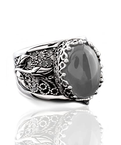 Filigranist 925 Sterling Silver Filigree Art Lace Embroidery Tulip Detailed Gemstone Women Cocktail Ring, Luxurious Gift Boxed - color: Gray Moonstone