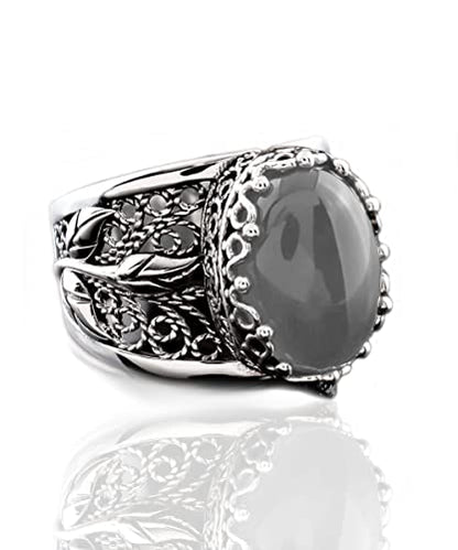 Filigranist 925 Sterling Silver Filigree Art Lace Embroidery Tulip Detailed Gemstone Women Cocktail Ring, Luxurious Gift Boxed - color: Gray Moonstone