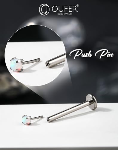 OUFER 2PCS 16G/20G Nose Lip Studs, G23 Solid Titanium Threadless Push in Nose Nostril Lip Labret Medusa Monroe Helix Cartilage Tragus Conch Lobe Piercing Jewelry for Women Men - color: Silver bar, Claw Opal, size: 2pcs, 16g 6mm, 1.5mm Opal