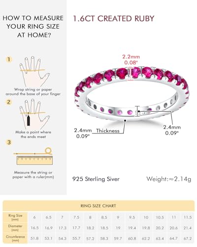 DAYBYDAY Sapphire/Emerald/Ruby Full Eternity Band Rings for Women, 2.4mm Thin Birthstone Stackable Rings, 925 Sterling Silver/14K Gold Plated Gemstone Wedding Band Anniversary Ring Size 6 to 10 - color: 07. Red Ruby, July