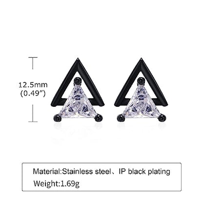 Unisex Geometric Triangle Stud Earrings, Stainless Steel Minimalist Cubic Zirconia Pierced Post Earrings for Men Women - style: Double Layer-Black&Sliver