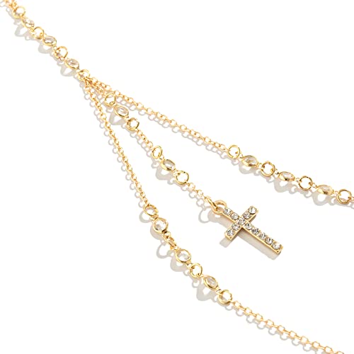 Summer Beach Crystal Cross Pendant Bra Body Chest Chain Rhinestone Long Tassel Waist Body Chain Necklace Sexy Crystal Belly Chain Jewelry for Women - color: Gold