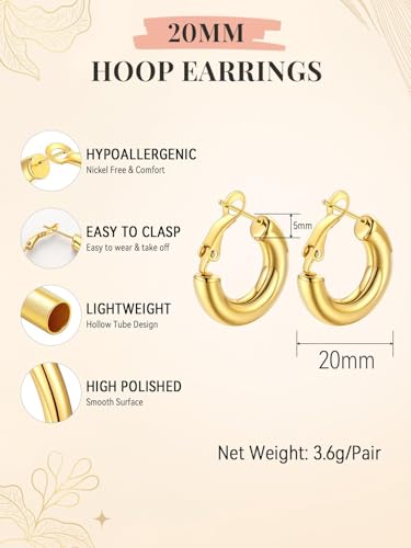 FaithHeart Silver/Black/Gold Stainless Steel Chunky Hoop Earrings for Women | Hypoallergenic Lightweight Hoop Earrings, Trendy Statement Thick Hoop, 20/30/40/50/60/70/80mm - color: Gold, size: 20mm
