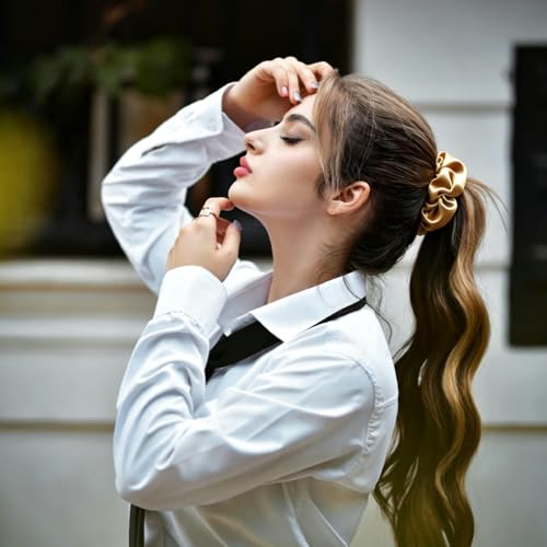 Silk Hair Ties Ponytail Holder Hairs Bow Ropes Elastics Hairtie Accessories Wide 0.8inch on Hair No Damage No Crease for Women Curly Thick Wavy Hair(30Pcs Dark Yellow) - color: Dark Yellow