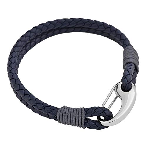 Edforce Braided Genuine Leather 2-Strand Cuff Bracelet with Stainless Steel Clasp - color: Prussian Blue