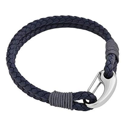 Edforce Braided Genuine Leather 2-Strand Cuff Bracelet with Stainless Steel Clasp - color: Prussian Blue